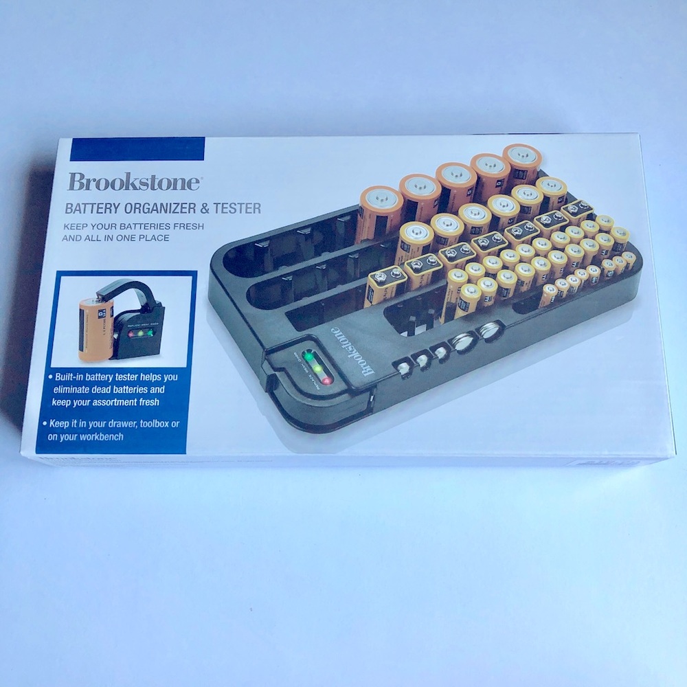 NEW BROOKSTONE BATTERY ORGANIZER & TESTER holds up to 70 batteries